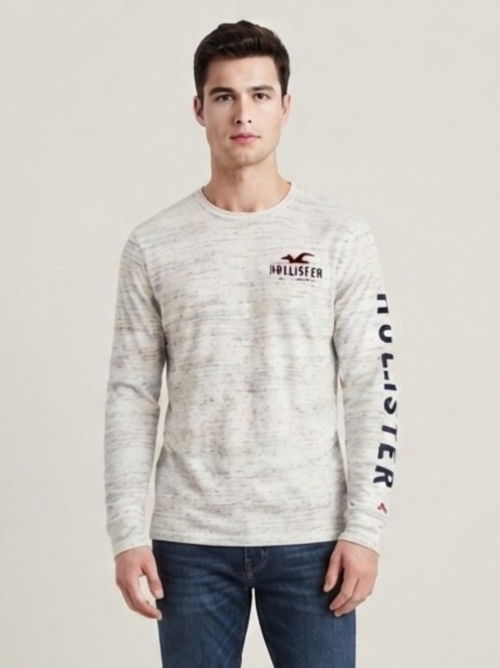 Hollister Embroidered Logo Grey Cotton Long Sleeve Tee Men XS Streetwear Urban